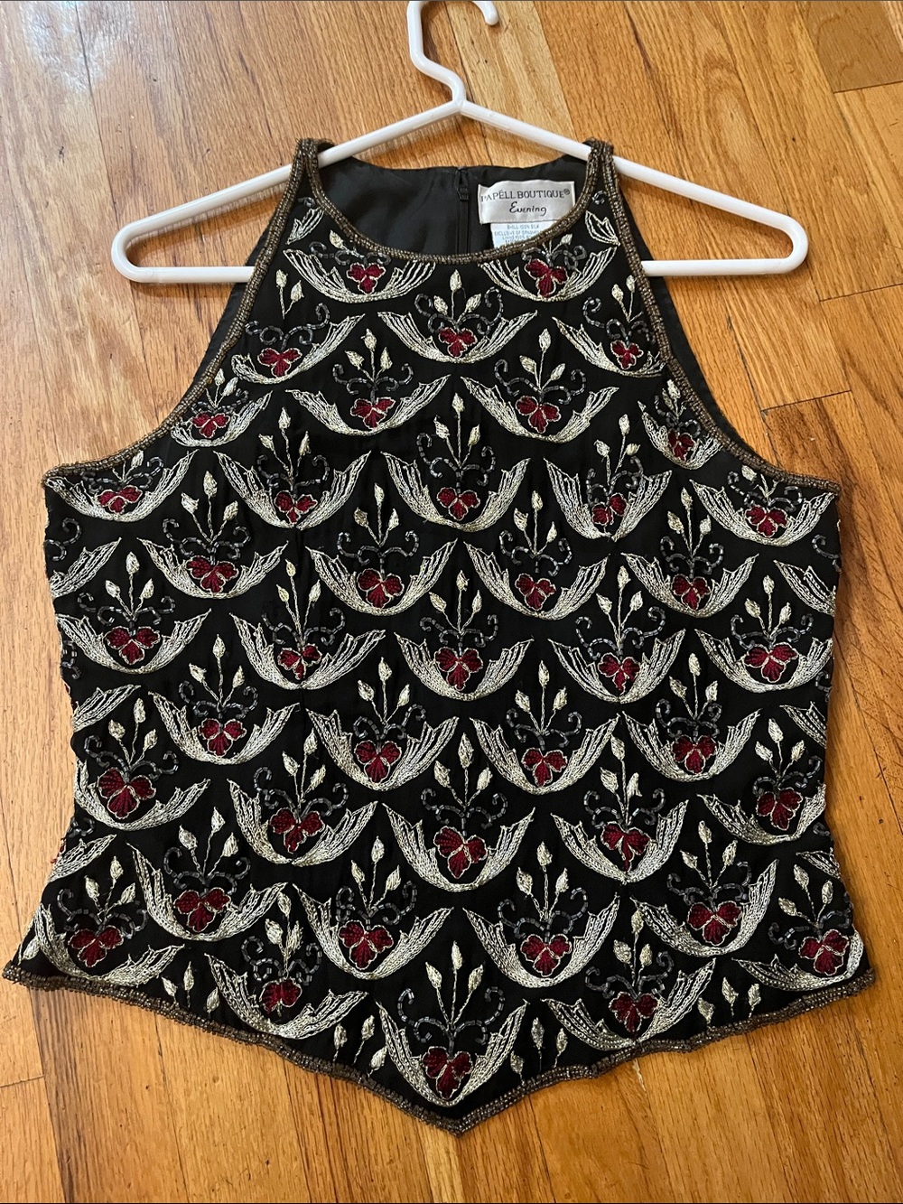 Papell Boutique Black Embroidered Beaded Halter Camisole with Red Accents